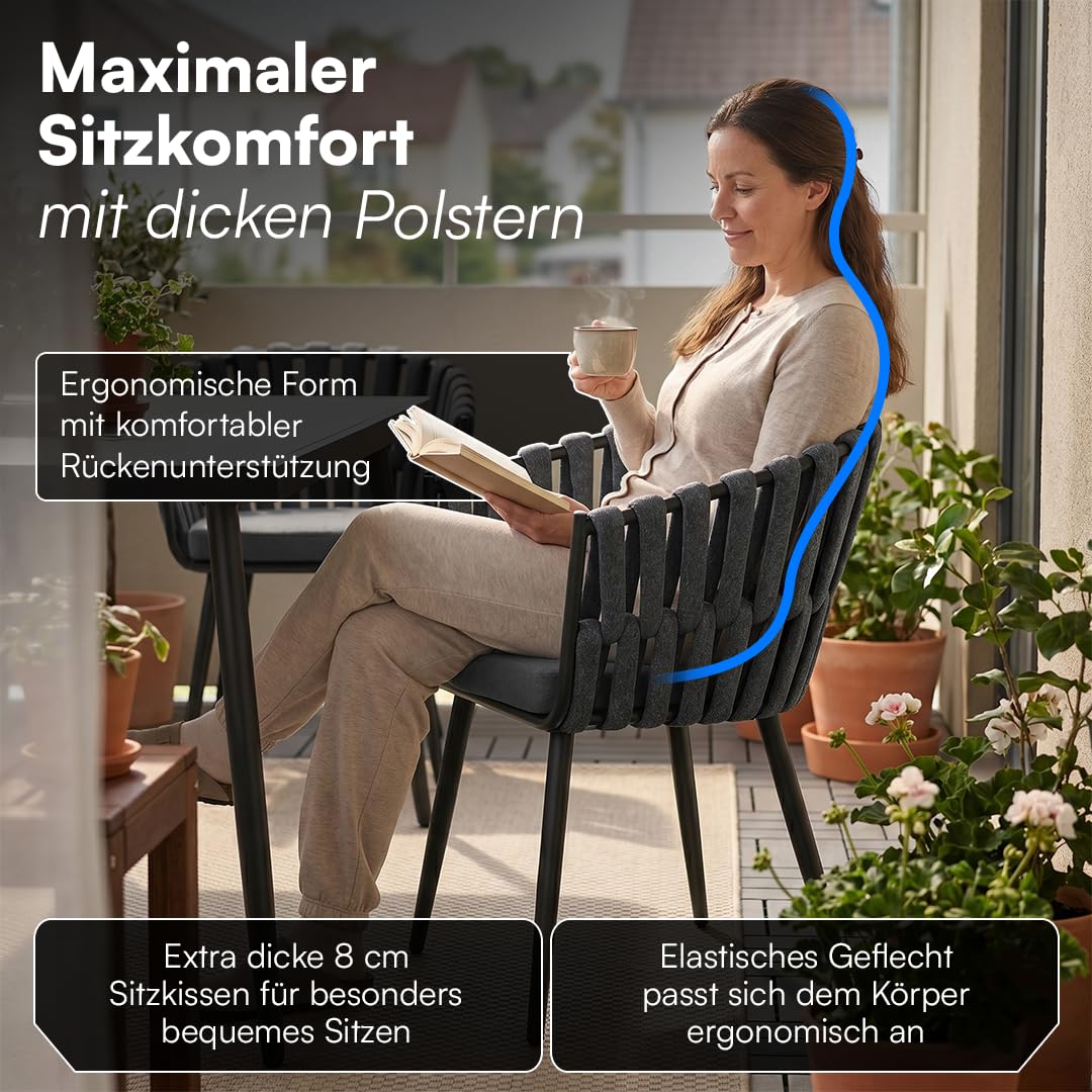 STEELSØN Tarian Gartenstühle im Rope Design – Stühle 6er Set mit Sitzkissen – Loungesessel Indoor/Outdoor – aus Kunststoffgeflecht & Dicke Sitzpolster Garten/Terrasse/Balkon – Stahlgestell dunkelgrau