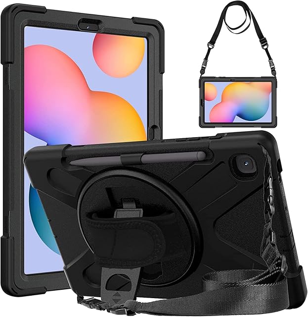 Gerutek Case for Samsung Galaxy Tab S6 Lite 10.4 inch 2022/2020 (SM-P613/P619/P610/P615) Shockproof Rugged Case with 360 Rotating Stand/Hand Strap,Shoulder Strap Case for Galaxy Tab S6 Lite, Black