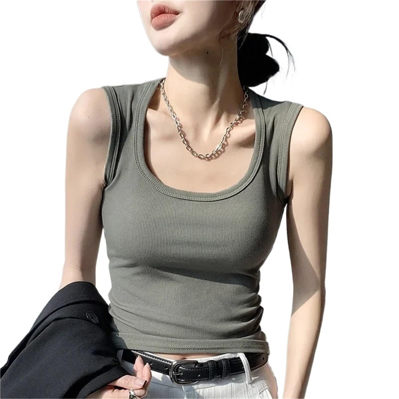 Camiseta Tirantes Mujer Camiseta sin Mangas for Mujer con Camisola y Top sin Mangas for Primavera y Verano, Camiseta de Base Corta for Mujer(Green,XXL)
