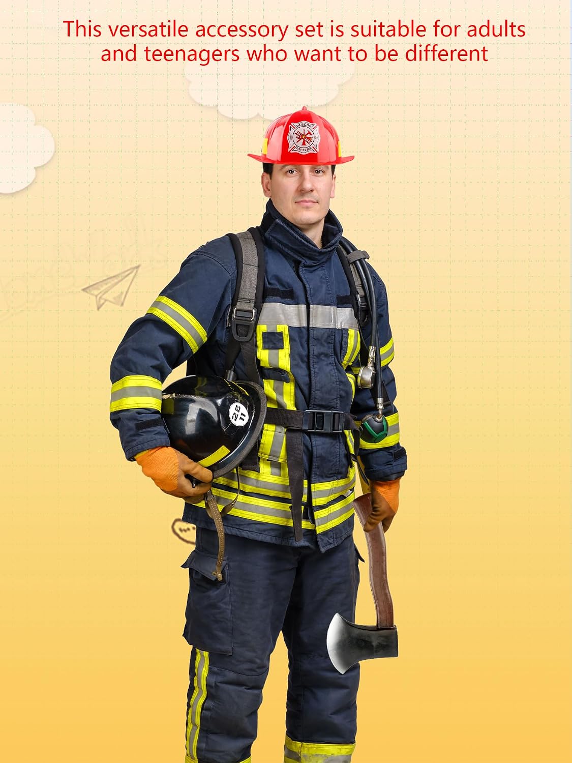 4 Pack Adult Firefighter Helmet and Axe Set Red Fireman Hat Halloween Axe Prop for Kids Adult Halloween Dress Up Accessories