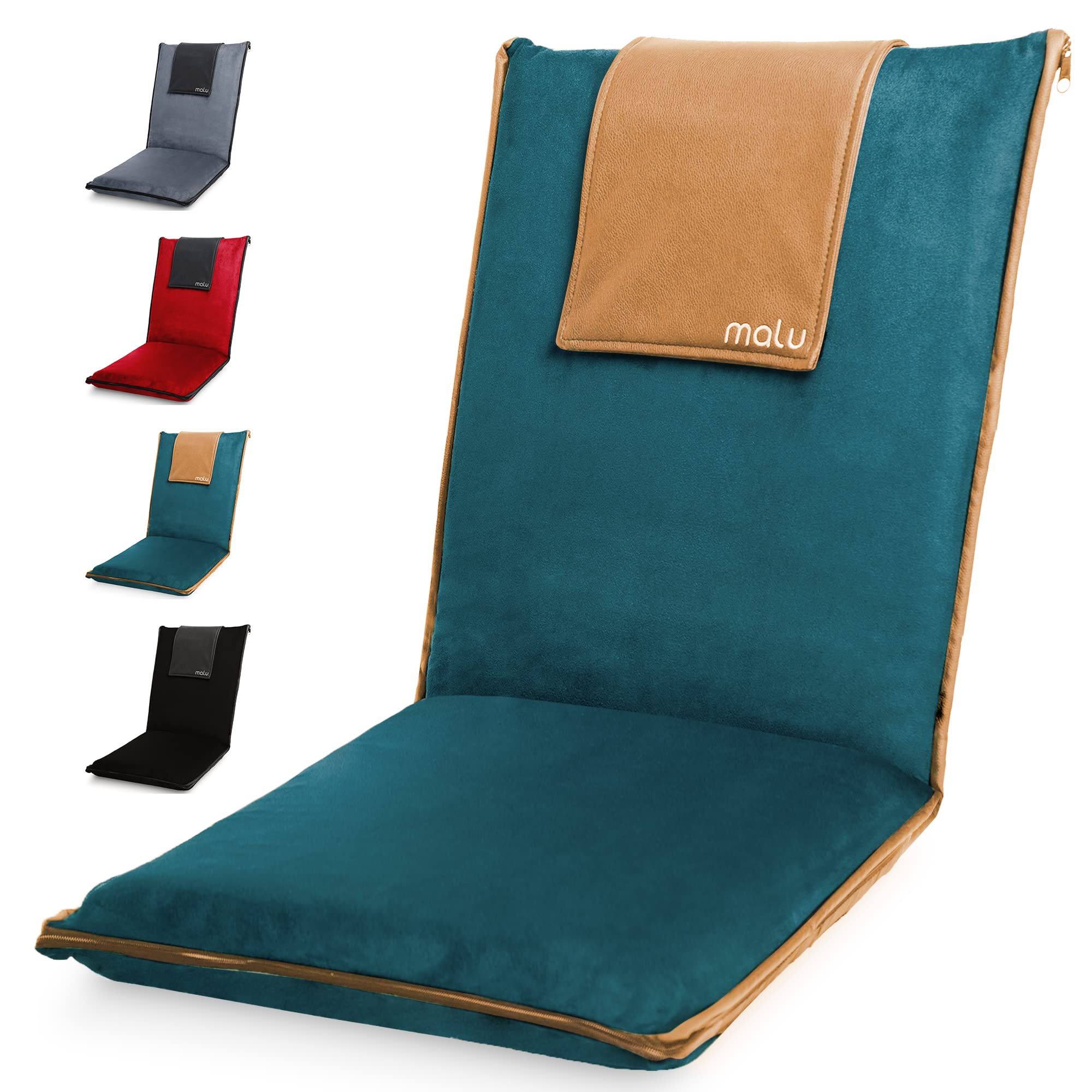 malu Luxury Padded Floor Chair with Back Support - Meditation Cushion w/Adjustable Fully Folding Backrest & Removable Washable Cover Portable Easy Wash Nylon Bottom Vegan Leather Accents (Forest Teal)
