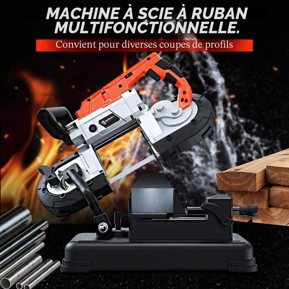 Anbull Scie à ruban métallique avec projecteur LED, scie à métaux 1100 W/230 V, réglable 0-45 °, scie à ruban avec socle amovible, établi en acier allié