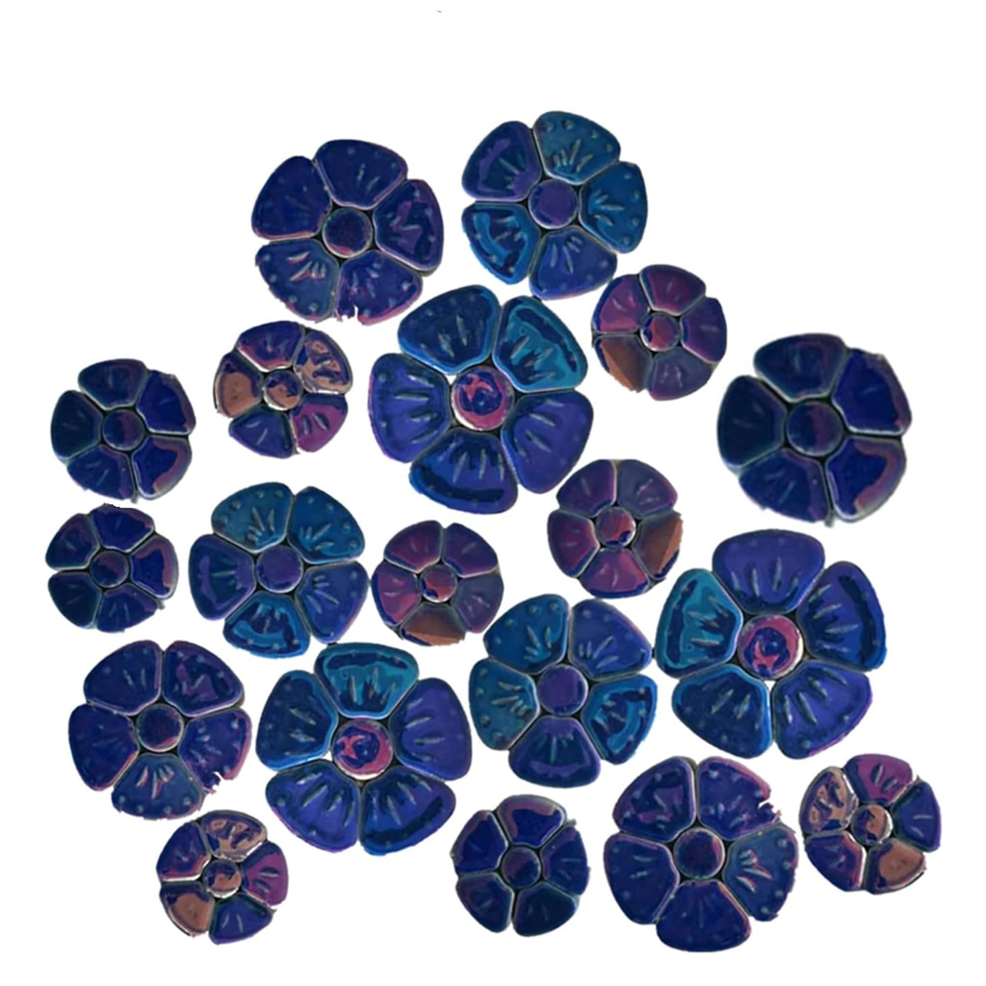 1.1 LB Random Iridescent Flower Ceramic Mosaic Tiles for DIY Crafts,3 Size Flowers Mosaic Pieces for Artwork,Photo Frames,Cups,Flower Pots,Fish Tank,Vases,Make Stepping Stones (Deep Blue)
