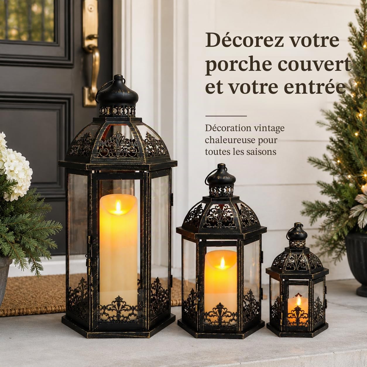 TRIROCKS Lot de 3 lanternes à bougie décoratives en métal noir parfaites pour jardin, cour, terrasse