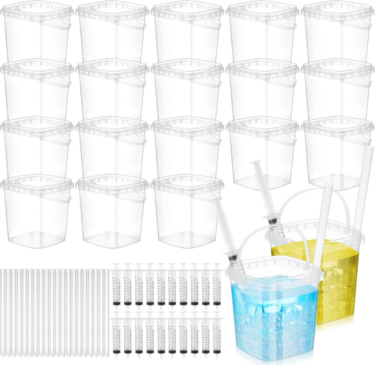100 Set Disposable Drink Buckets with Lids and Straws, 33.8 oz Mini Cocktail Bucket Cups with Handle and Beverage Syringes, Clear Plastic Party Drink Buckets for Cocktails, Beer