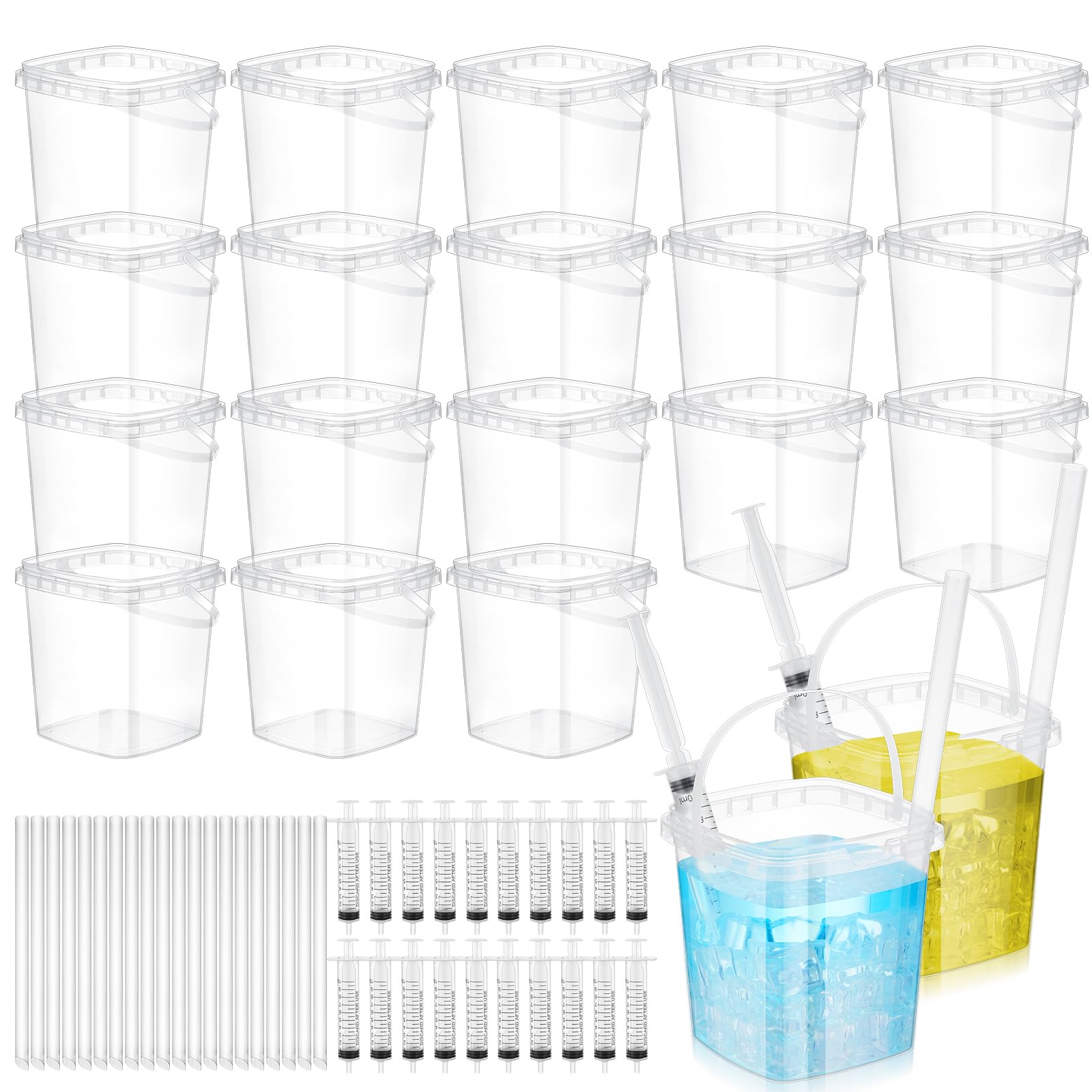 24 Set Disposable Plastic Drink Buckets with Lids & Straws - 33.8oz Square Rum Buckets with Handle & Beverage Syringes, Convenient for Wine, Beer, Cocktail, Summer Parties & BBQs