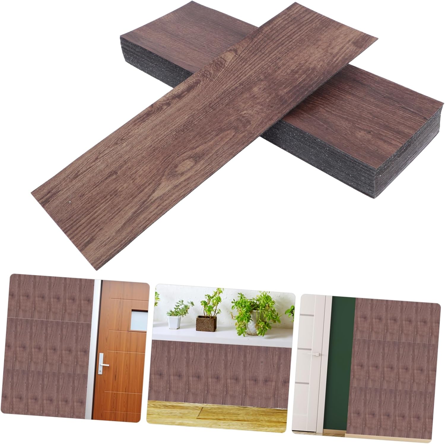 POPETPOP 32Pcs Peel and Stick Wood Grain Wall Tiles PVC Adhesive Flooring Stickers for Easy Bathroom Kitchen and Living Room Renovation Durable and DIY Friendly Design