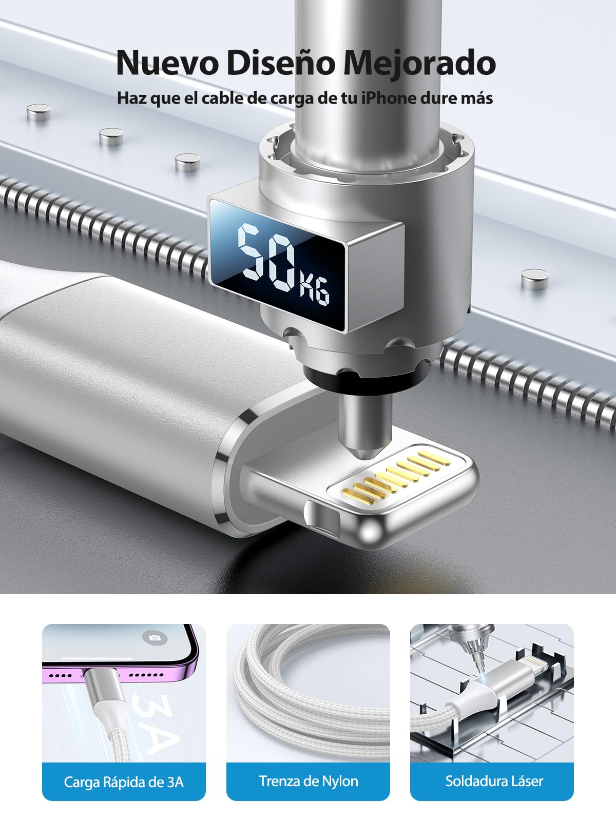 Aioneus Cable Cargador iPhone 2M Carga Rápida Apple MFi Certificado Nylon Trenzado USB Lightning para iPhone 14/13/12/11 Pro Max/XS/8/7/6/5/SE iPad