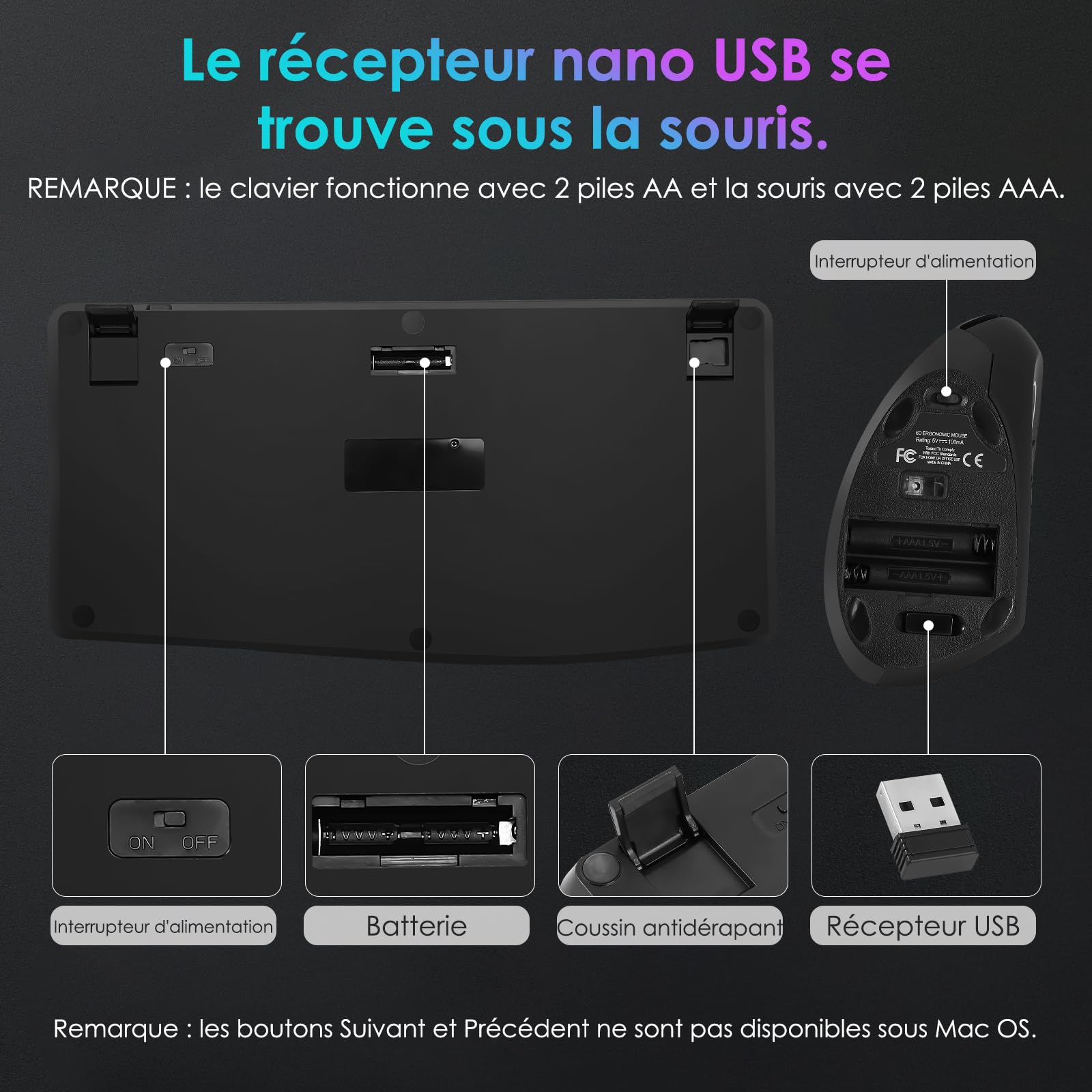 Clavier Ergonomique Pleine Taille et Souris Verticale sans Fil 2,4 GHz avec Support pour tablettes, Repos-Poignet et Bouton de Volume, adapté aux Ordinateurs Portables Mac/PC et Chromebook