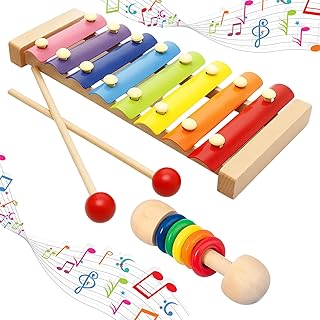 Xylophone Set, Colourful Wooden Xylophone for Children 1 Year, Glockenspiel Musical Instrument with 1 Regular Piano Strap, 2 Beaters and a 5-Ring Rattle, Ideal for Early Education, Travel and Gifts