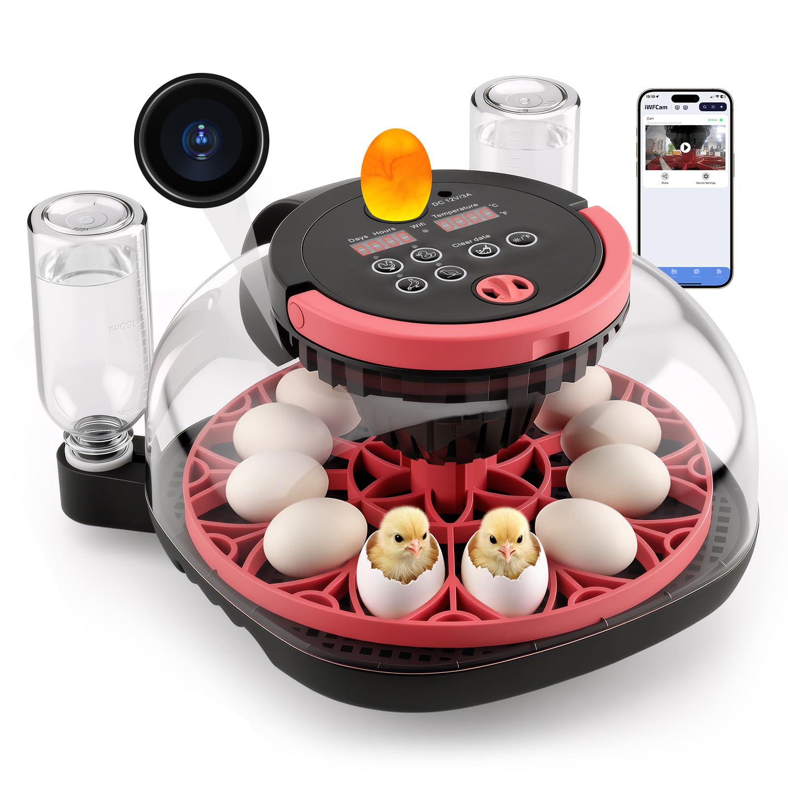 MYPIN Automatischer Brutkasten für 12 Eier, mit Kamera und App-Steuerung, Temperatur- und Feuchtigkeitsmonitor, automatischer Wender, für Hühner, Enten, Wachteln und Tauben