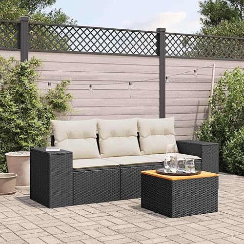 4-Piece Black Poly Rattan Garden Sofa Set with Cream White