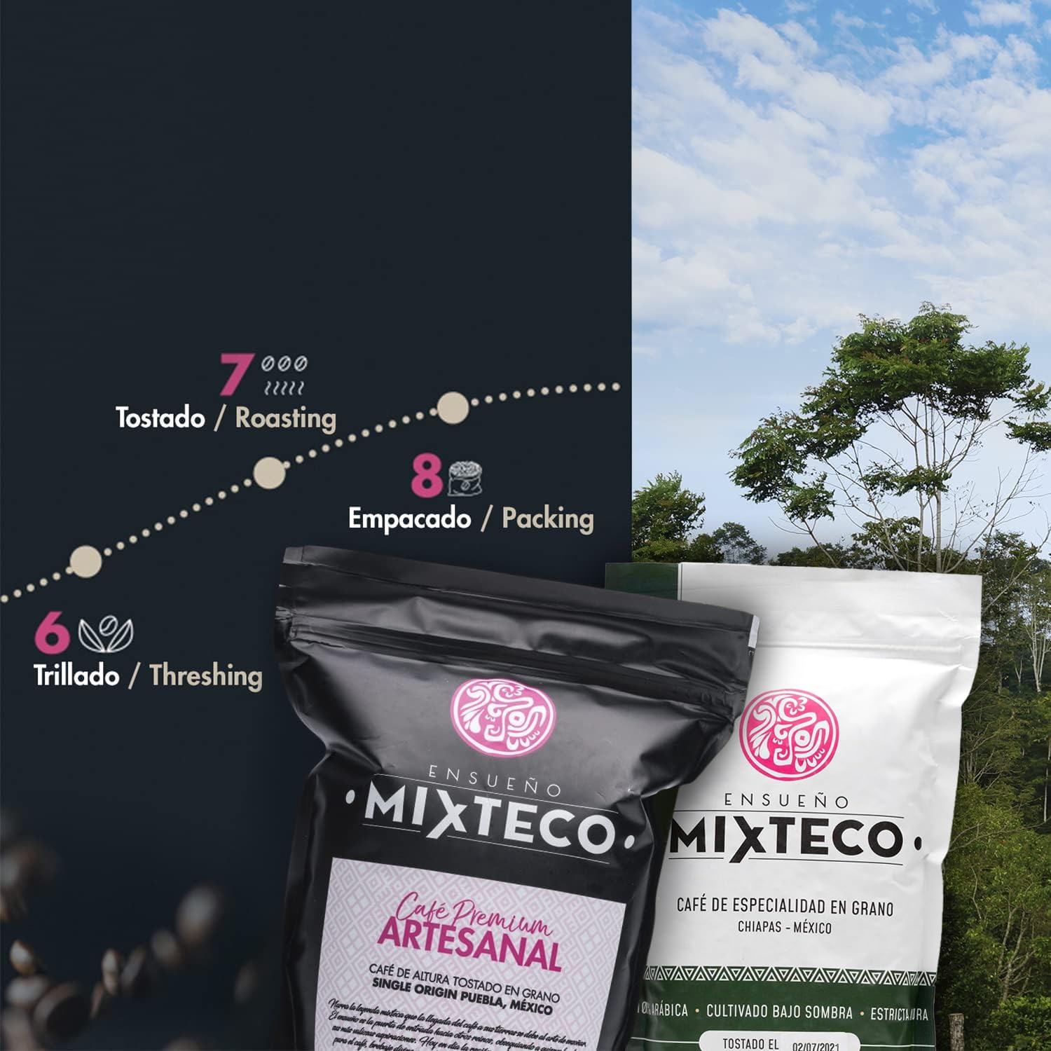 Ensueño Mixteco - Pack 2 Bolsas de Café en Grano de Especialidad y Tostado Natural - 460g + 500g - 100% Arábica - Producción Artesanal - Origen México
