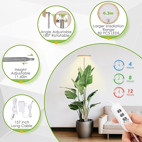Miniatura 3 de LORDEM Luz de crecimiento de plantas de bambú, 82 luces LED de espectro completo para plantas de interior, lámpara de crecimiento LED ajustable de