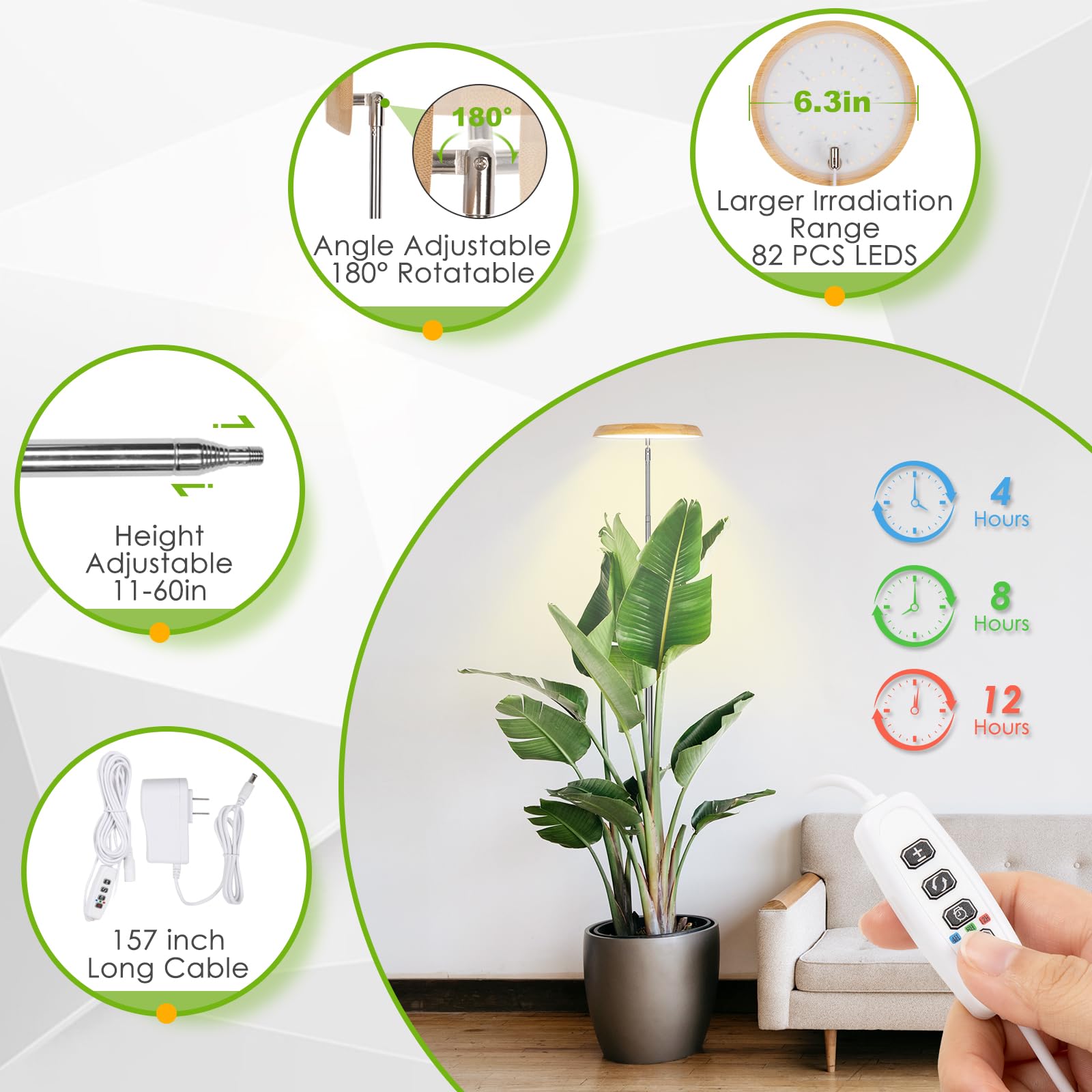 LORDEM Bamboo Plant Grow Light, 82 LEDs Full Spectrum Plant Light for Indoor Plants, Brightness Adjustable LED Growing Lamp with 4H/8H/12H Auto Timer, Height Adjustable, Ideal for Tall Plants