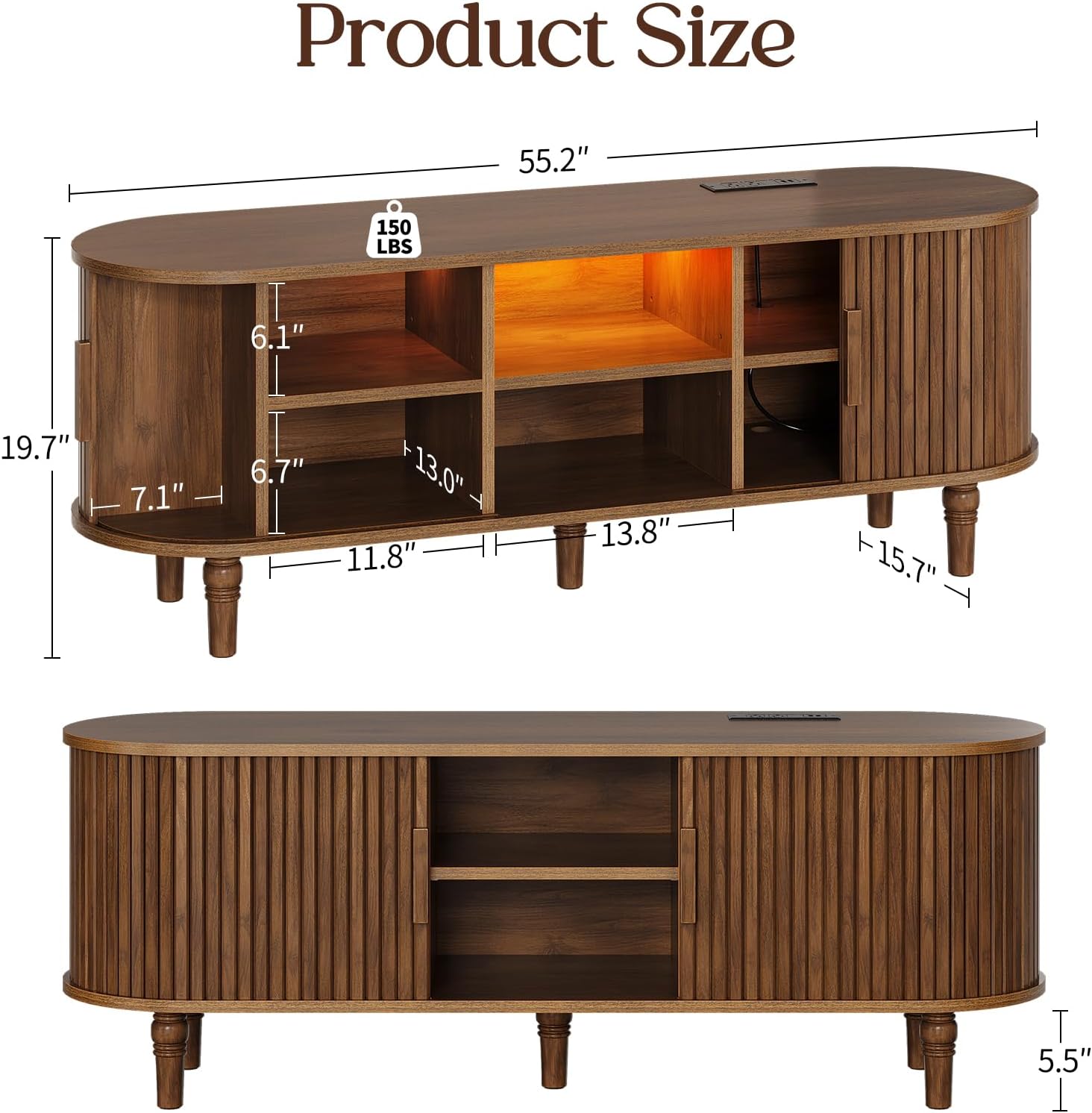 TV Console with Power Outlet-55 Entertainment Center with Sliding Tambour Door, Modern TV Stands for Living Room Bedroom, LED Media Stand with Storage Cabinet and Adjustable Shelves, Walnut - Image 2