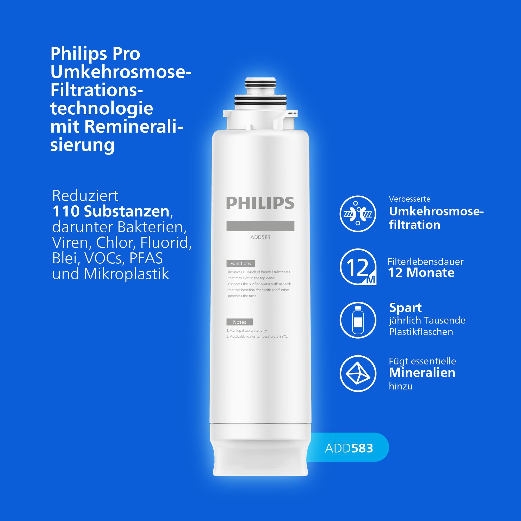 Philips Water 9000 Umkehrosmose-Wasserspender: heißes & gekühltes Wasser in Sekunden, Eiswürfelfunktion, 6-in-1-RO-Filter mit Mineralien, >110 Schadstoffe reduziert, 3:1 Rein-/Abwasser, UV-C, 2000 L