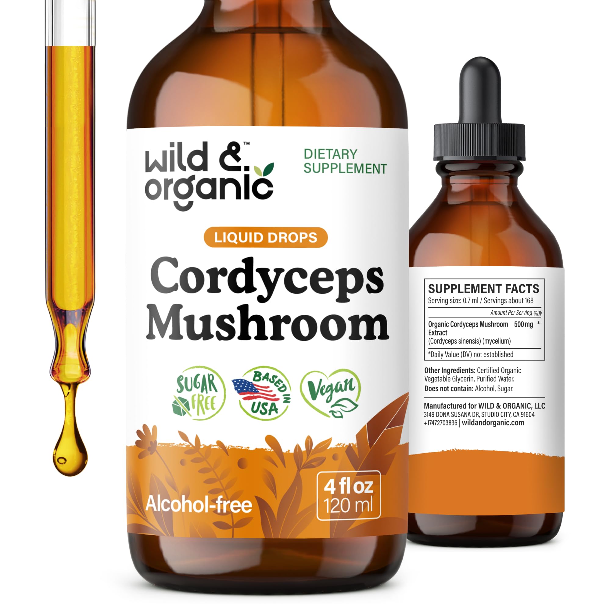Wild & OrganicCordyceps Tincture - Cordyceps Sinensis Mushroom Extract for Immune & Energy Support - Liquid Mushroom Supplement - Vegan, Sugar & Alcohol-Free Drops - 4 fl oz