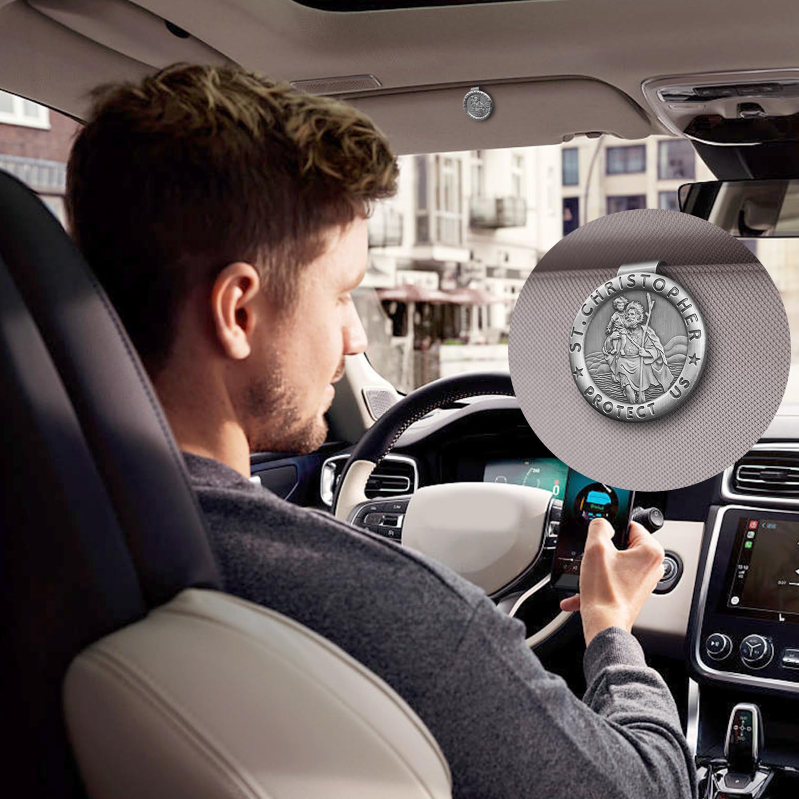 Saint Christopher Medal for Car St Christopher Visor Clip Accessories Bless Driving Safety Religious Gift for Parent Family — view 3