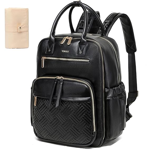 Yomiky Leather Diaper Bag Backpack for Women with Multiple Pockets,Laptop Compartment and Changing Pad