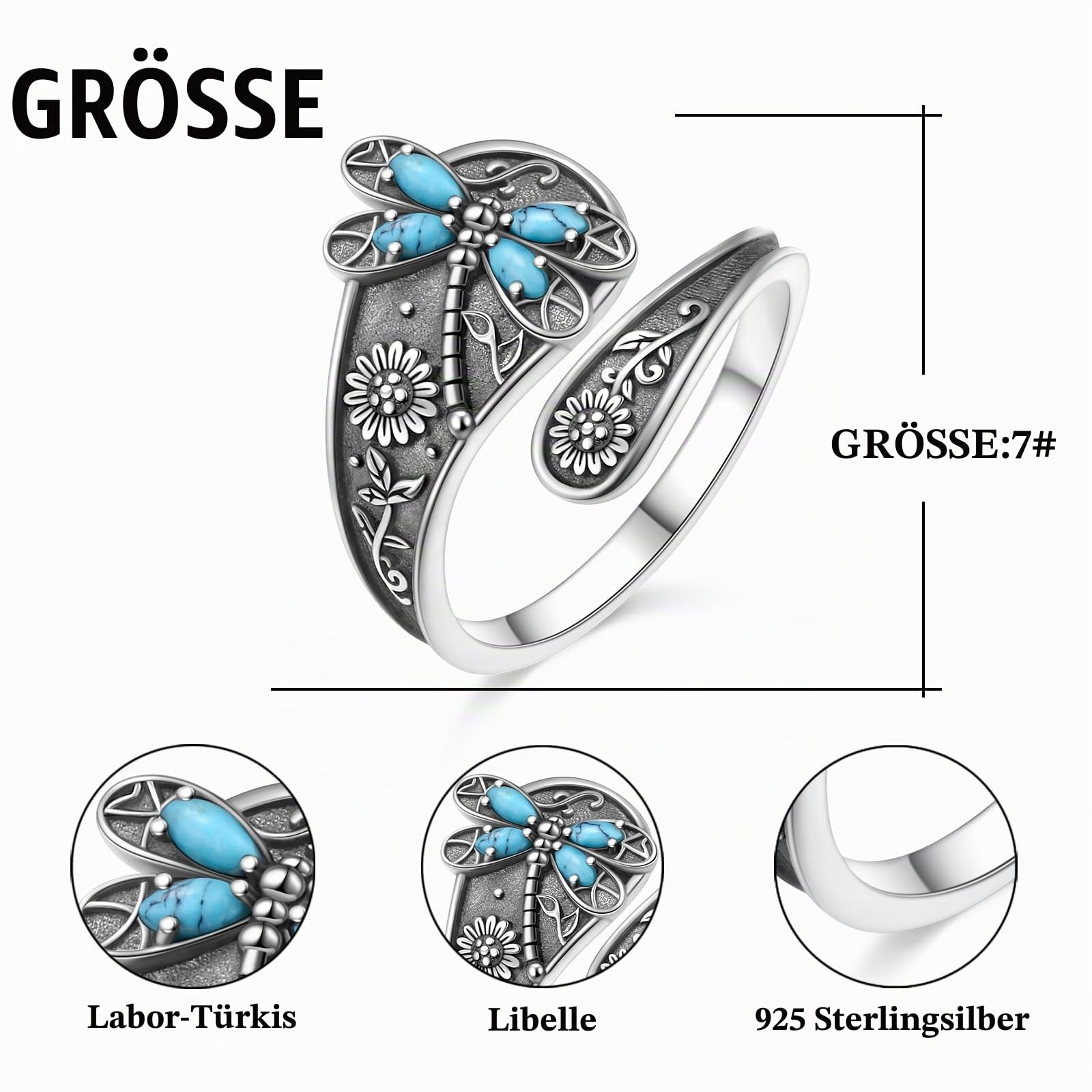 Verstellbarer Ring mit Libellen-/Lotus-/Kolibri-/Kreuzmotiv für Frauen und Mädchen 925 Sterlingsilber antike Blumen-Löffelringe oxidiert inspirierender Bandschmuck