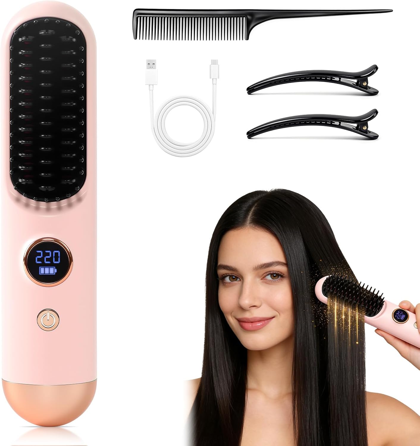 2026 Hair Straightener Brush, Cordless Hair Straightener Brush for Short Hair, Mini Portable Cordless Travel Straightening Hair Comb Brush with 9 Temps Fast Heating for Women (Blue)
