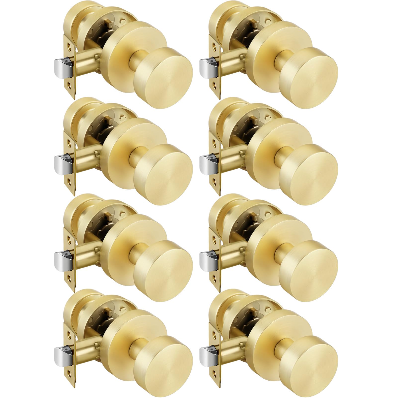 Goldenwarm Gold Door Knobs Passage, Zinc Alloy Keyless Brushed Gold Door Knobs Interior for Hallway &amp; Closet &amp; Living Room, Non-Locking Function, Adjustable &amp; Reversible (8 Pack)