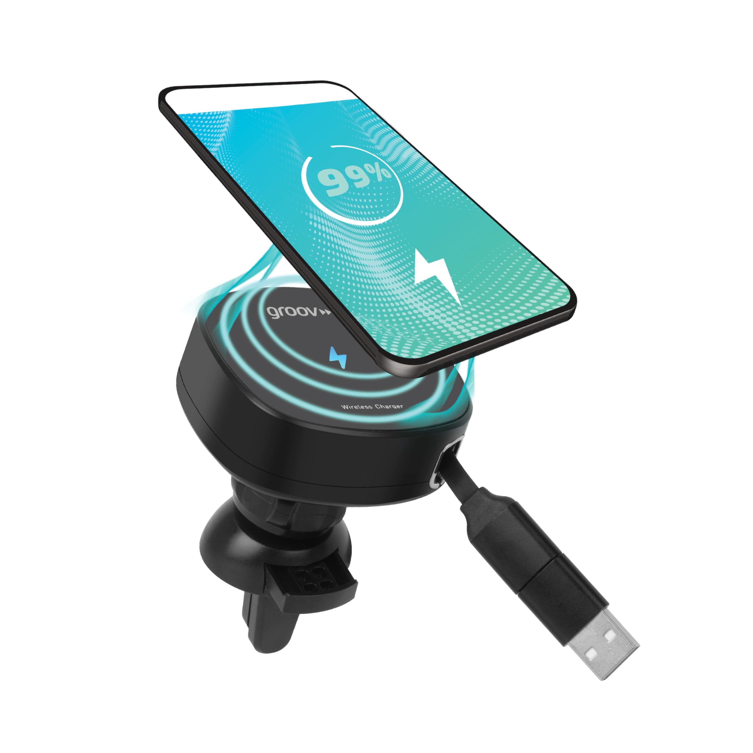 groov e Car Phone Charging Mount - Supports MagSafe and Wireless Charging, with Magnetic Grip & Built-In Retractable USB Cable, 360-Degree Rotation