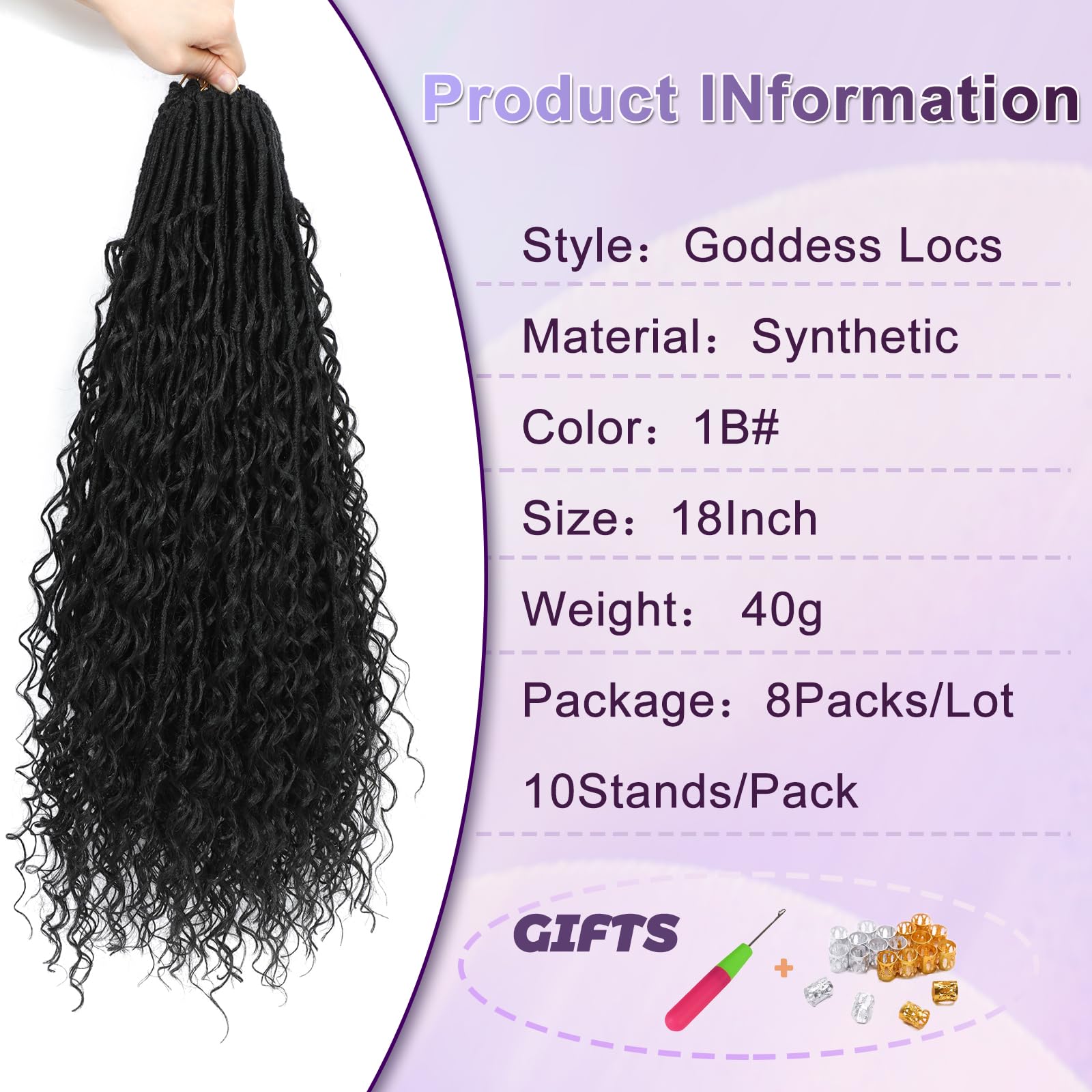 FANWYFYU 8 Packs Boho Faux Locs Crochet Hair 18 inch Goddess Locs Boho Soft Locs Crochet Hair with Curly Ends Pre-looped Long Bohemian River Locs Crochet Hair For Women (1B) - Image 2