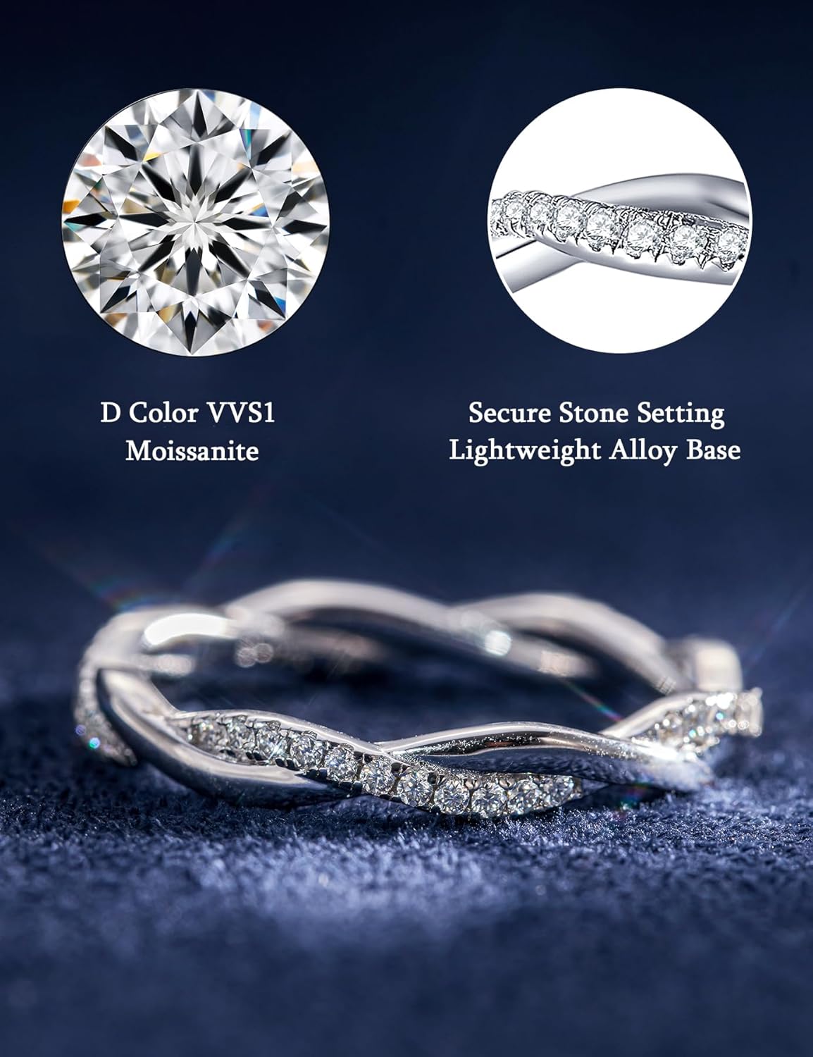 IMOLOVE Moissanite Wedding Band for Women, Twisted Rope D Color VVS1 Moissanite, Full Eternity Rings, Stackable Promise Ring for Engagement, Anniversary, Proposal