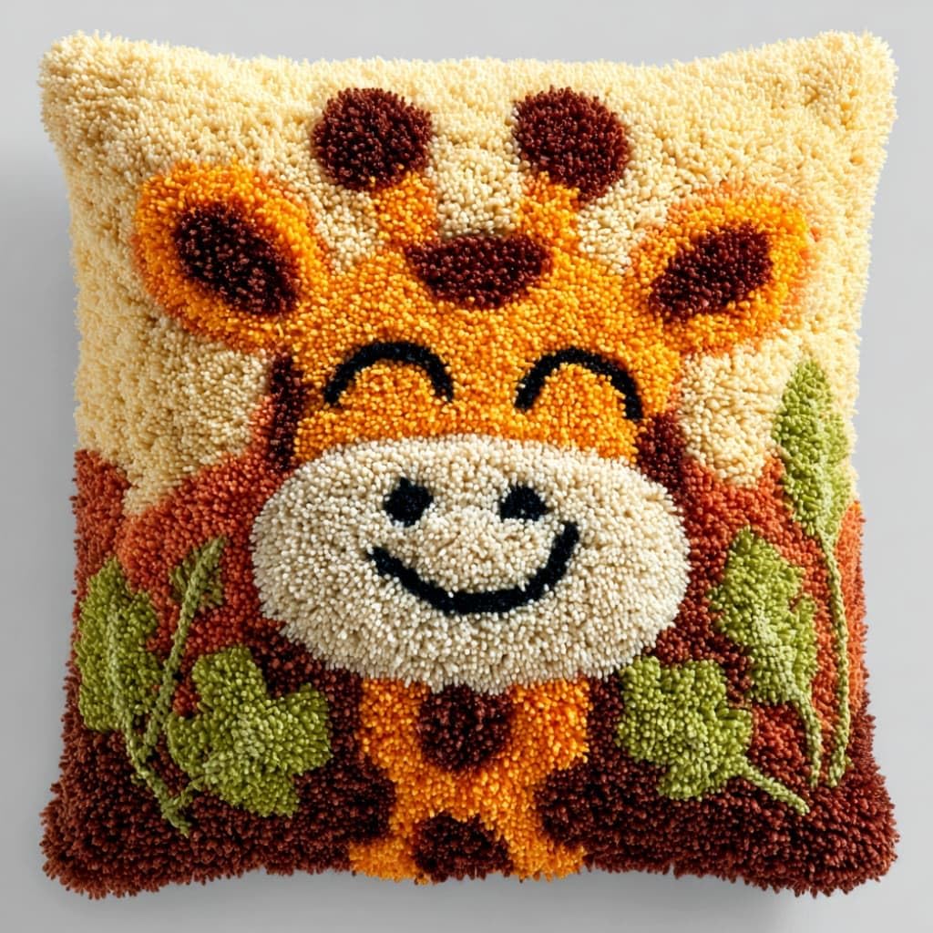 Taxpy Latch Hook Cushion Kits Giraffe Pillowcase Kits Embroidery Kit 17X17 Inch DIY Needlework Pillow Cover Sofa Cushion Rug Making