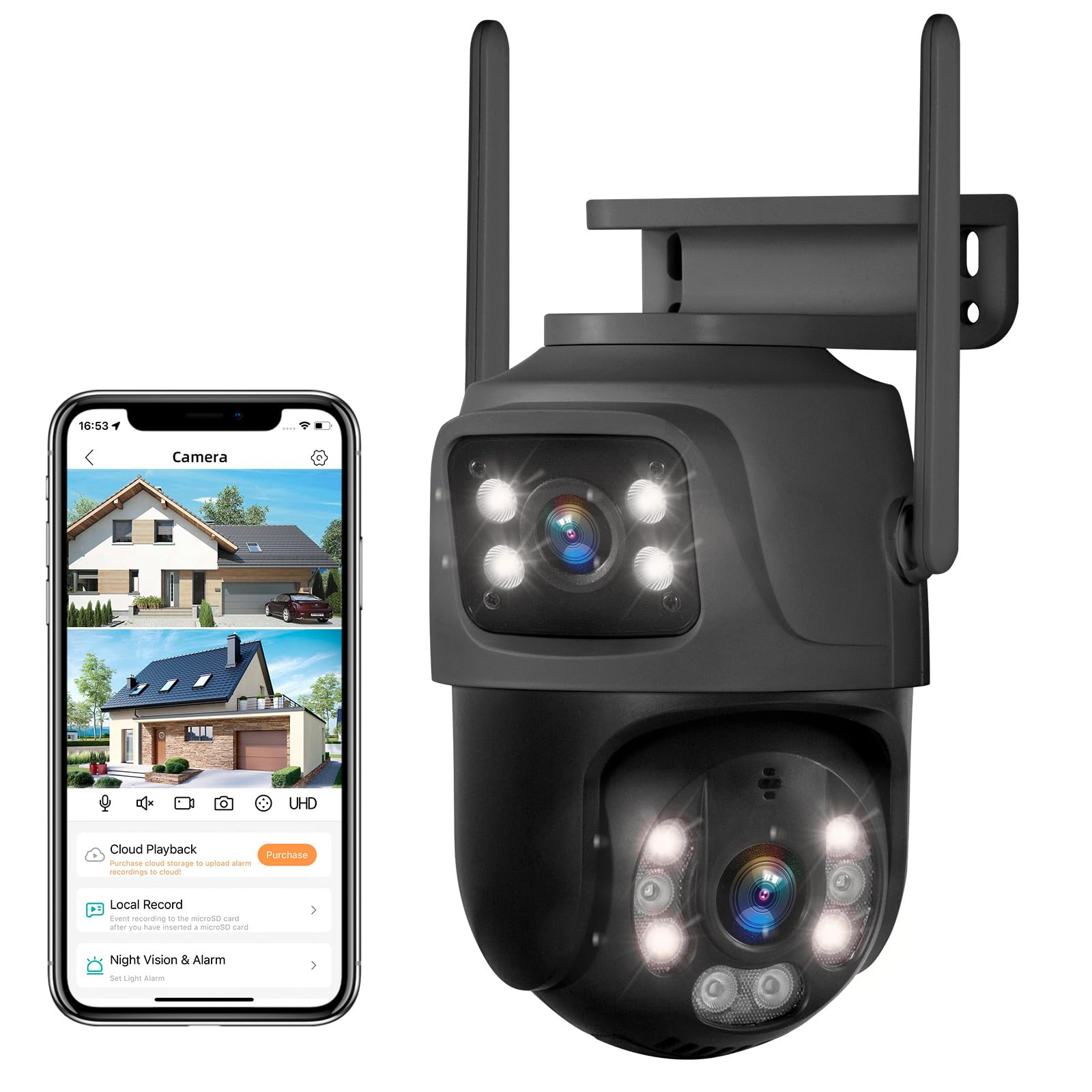TOWODE - 6MP Outdoor Security Camera, 360° PTZ Surveillance System, Dual Lens 2.4GHz 24/7 Recording IP66 WiFi Home Security Camera with Motion Detection, Color Night Vision