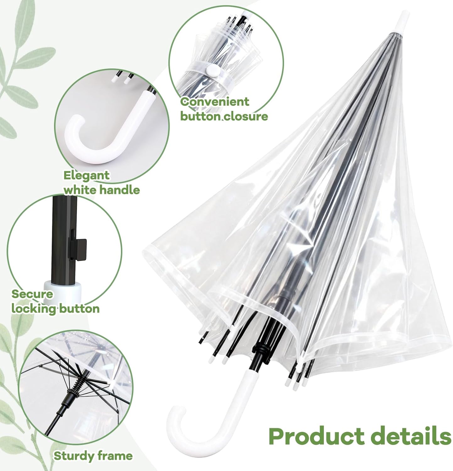 Clear Umbrella 12 Pack, 36" Transparent Bubble Stick Umbrellas with Auto Open and J-Hook Handle, Wind-Resistant Lightweight Design for Daily Use, Commute, Outdoor Activities
