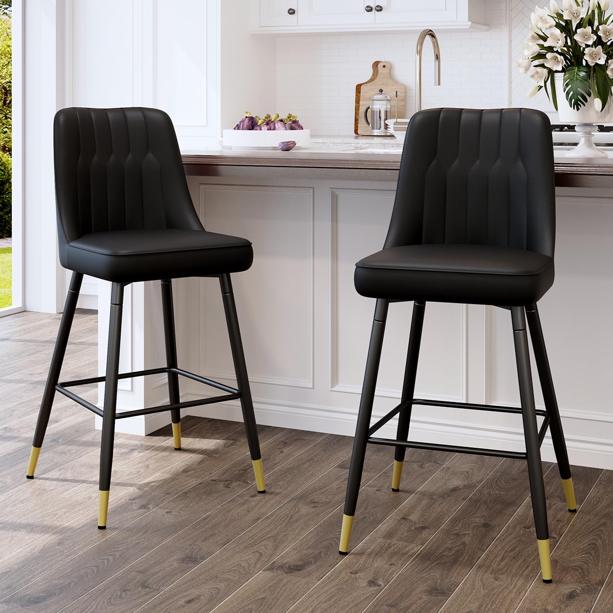Bar Stools Set of 2,Counter Height Bar Stools with Back,Modern Faux Leather Kitchen Stools,27"Black Barstools with Stable Metal Leg,Armless Counter