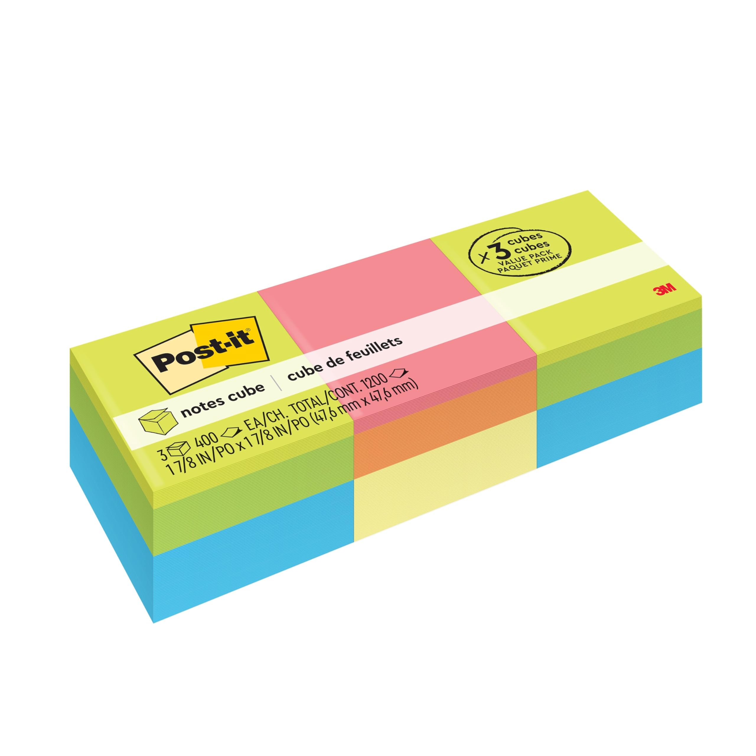 Post-it Notes, 2x2 in, 3 Cubes, America's #1 Favorite Sticky Notes, Assorted Colors, Recyclable (2051-3PK)