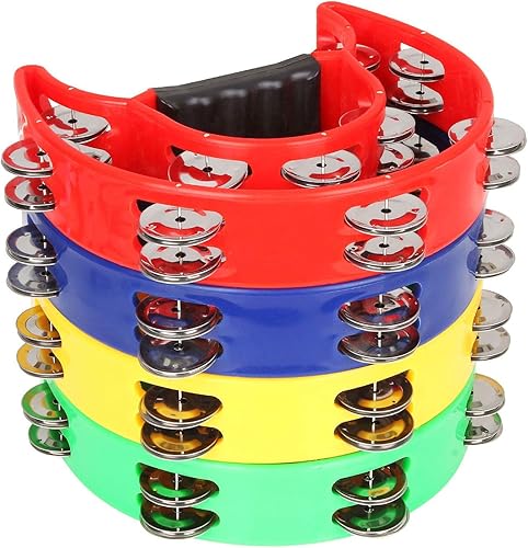 Paquete de 4 panderetas de mano de media luna de 9 pulgadas, panderetas de metal para adultos, doble fila, panderetas de percusión musical de