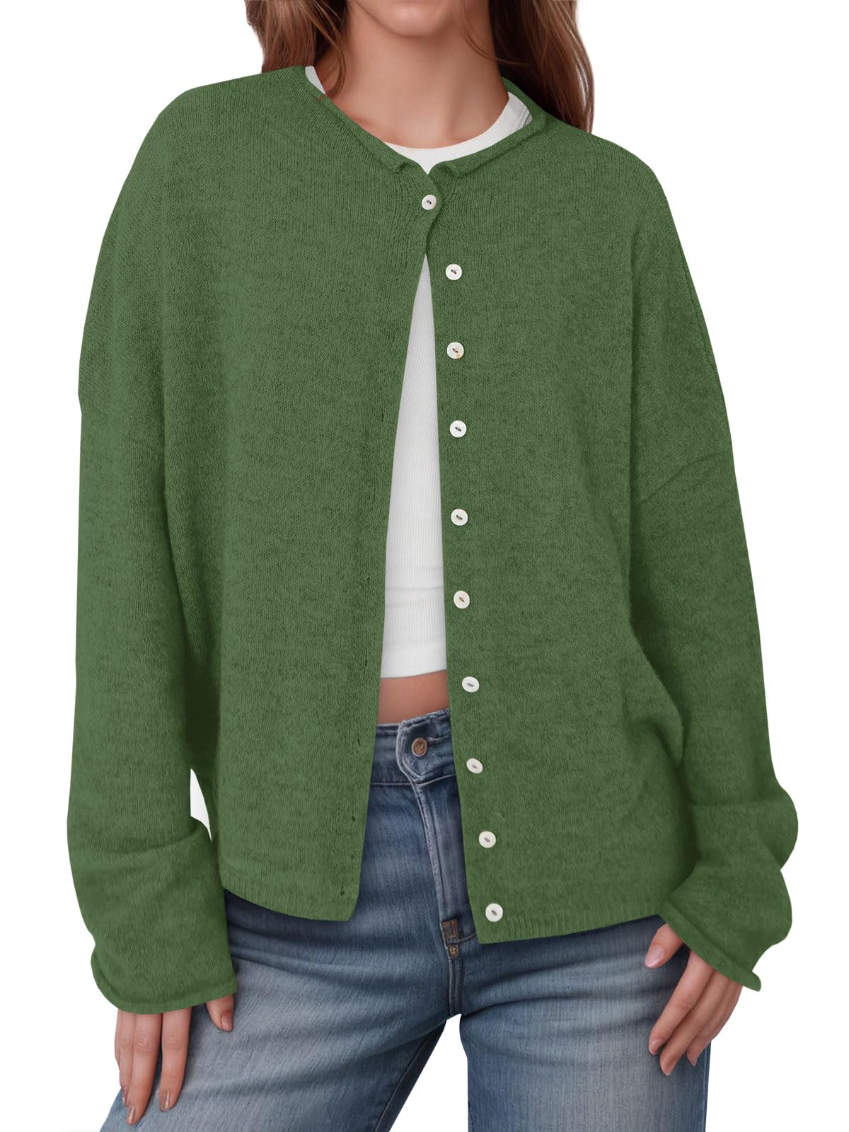 Saodimallsu Womens Button Up Cardigan Sweaters Long Sleeve Crew Neck Fall Soft Lightweight Knit Loose Sweater Tops