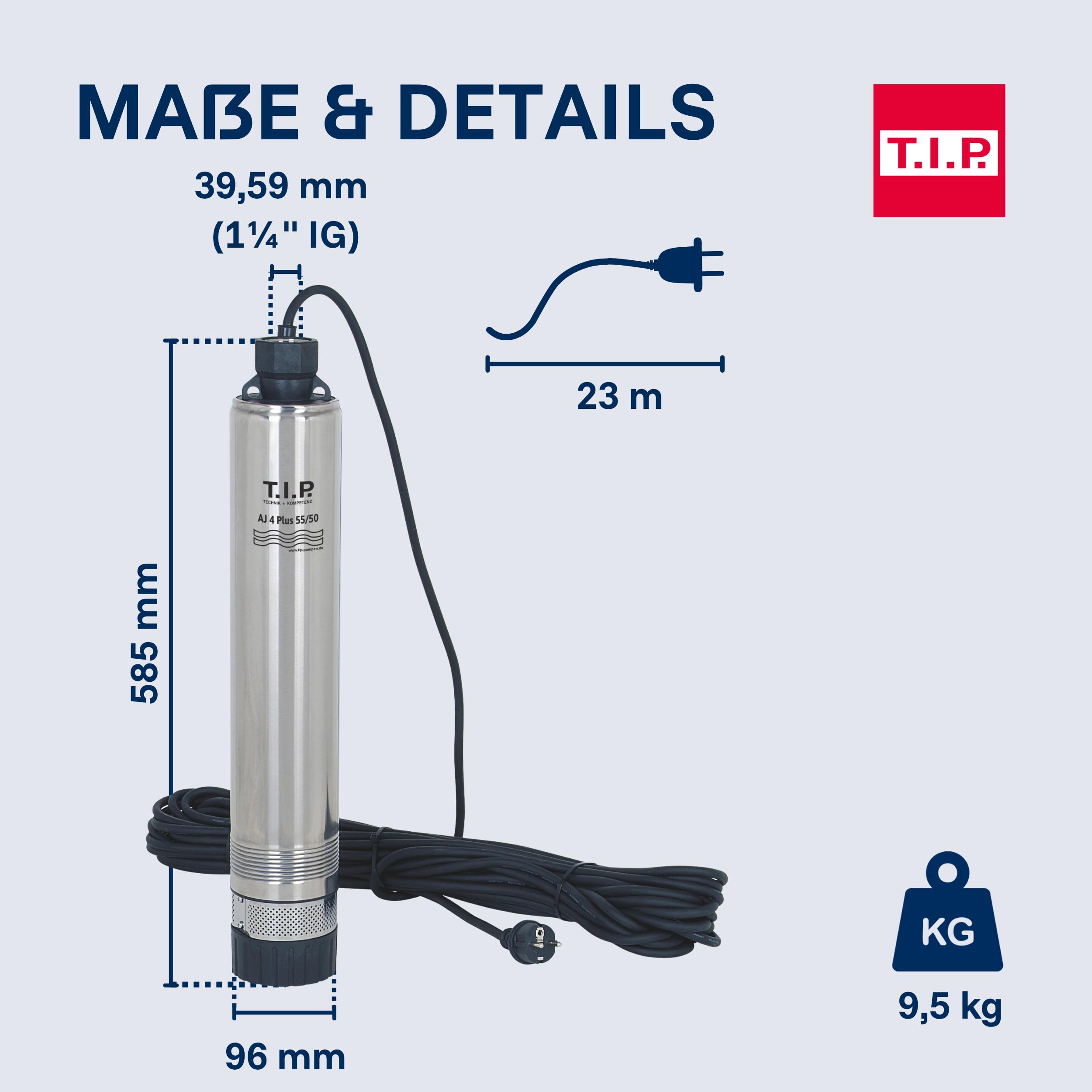T.I.P. 30104 Tiefbrunnenpumpe AJ 4 Plus 55/50 800W 3300 l/h 50m 5,0 bar 20m Eintauchtiefe