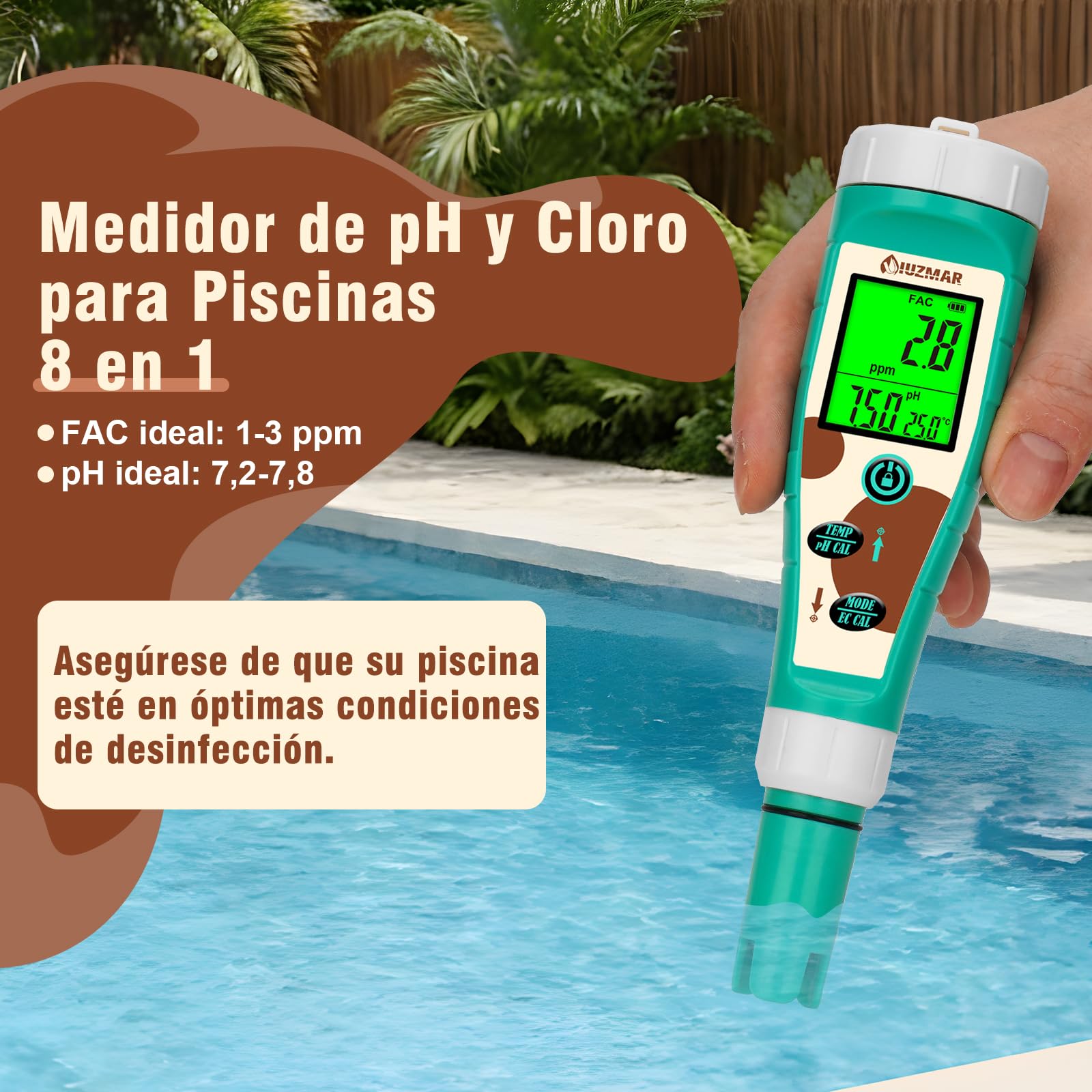 UIUZMAR Medidor de pH, Cloro y Sal para Piscina, Medidor de pH PPM ORP | Hidrógeno para Agua Potable, Muestra Simultáneamente, 8 en 1 pH, Sal, Cloro, H2, ORP, EC, TDS para Hidropónico, Spa, Acuario