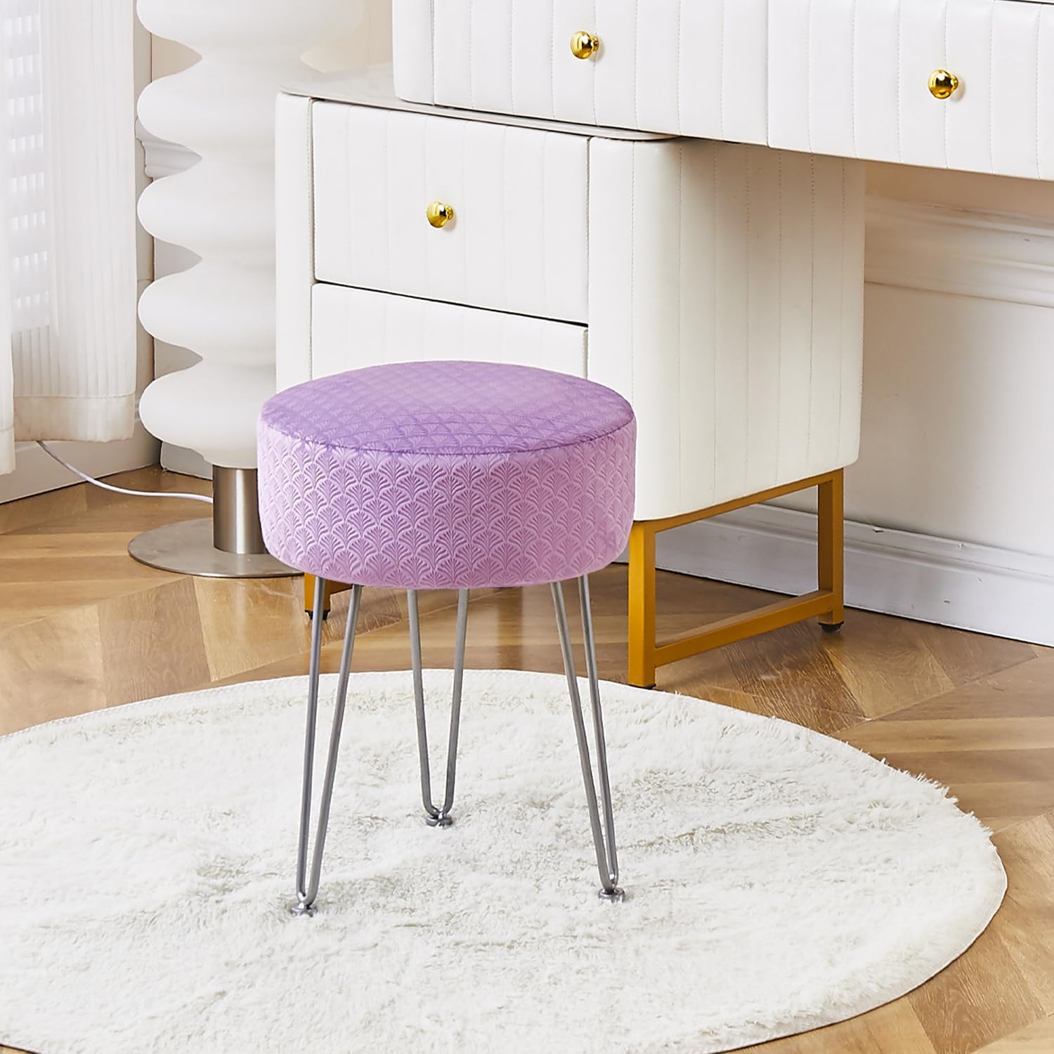 Cpintltr Vanity Stool - Velvet Ottoman Bench, Round Modern Dressing Stool, Small Side Table Footstool with Metal Leg, Purple