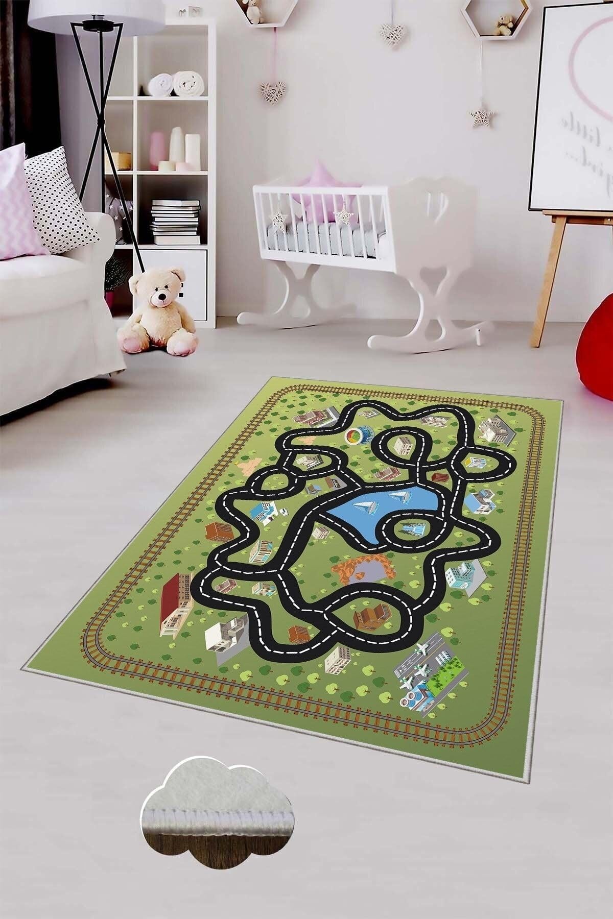 Pelangi Yeşil Araba Yollu Yıkanabilir Kaymaz Taban Leke Tutmaz Bebek Ve Çocuk Odası Halısı, Koyu Yeşil-Siyah 100 x 150, 901357019100150