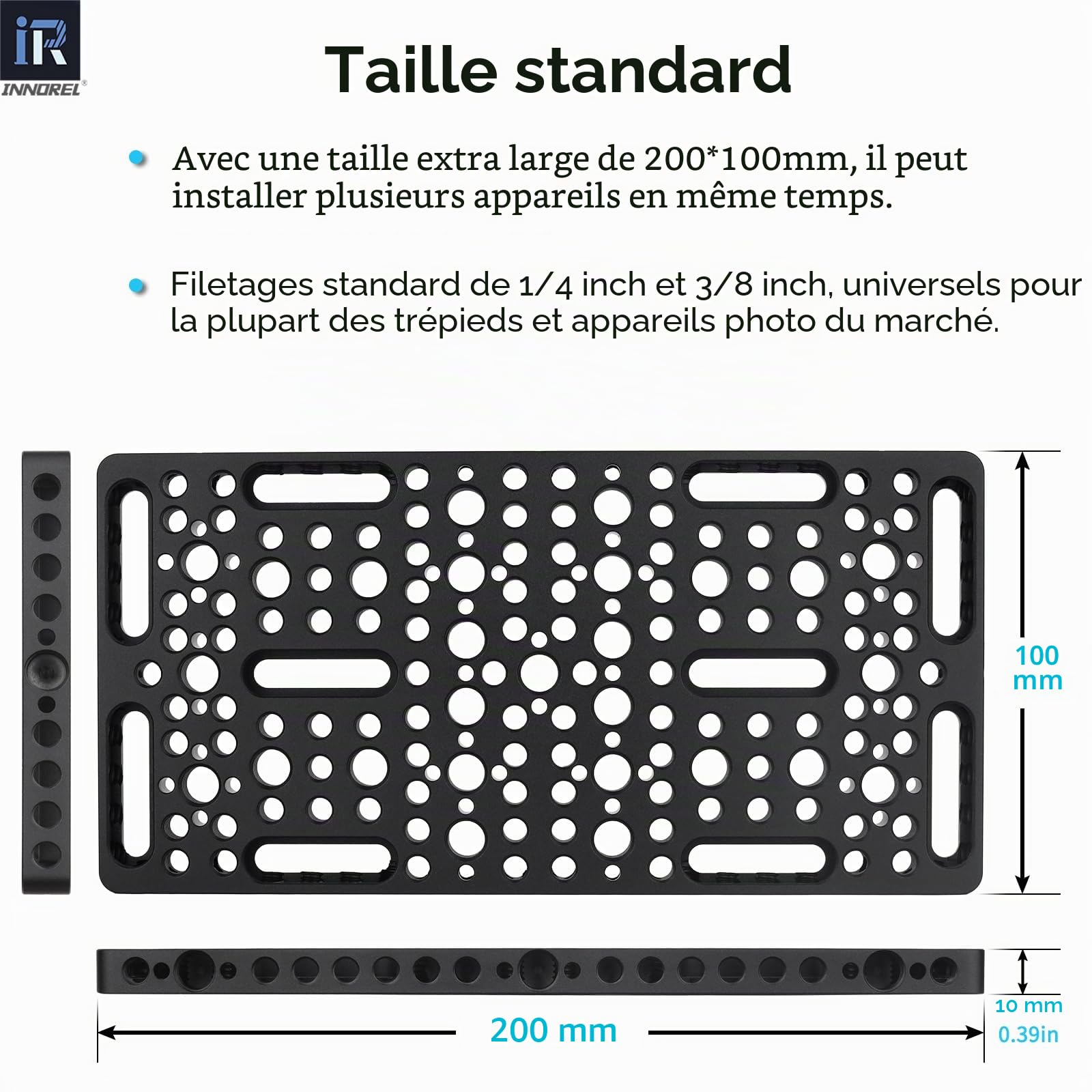 INNOREL CP10 Plateau à fromage multifonction avec filetage de 6,35 mm et 9,5 mm, plaque de montage avec trous de localisation ARRI intégrés pour appareil photo et trépied