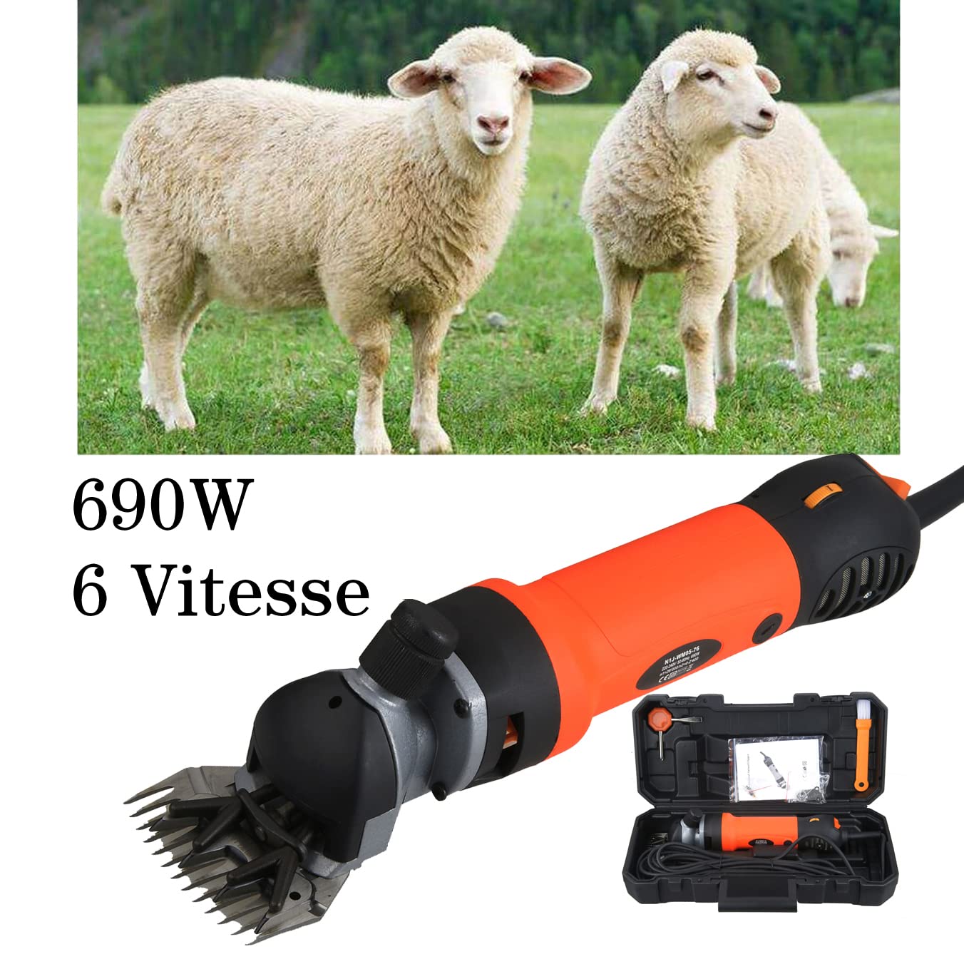 Vinteky 690W Tondeuse à Mouton Electrique 6 Vitesses AjustableTondeuse Mouton électrique Professionnelle Tondeuse pour Laine à Haute Puissance Économie de Travail(Orange)