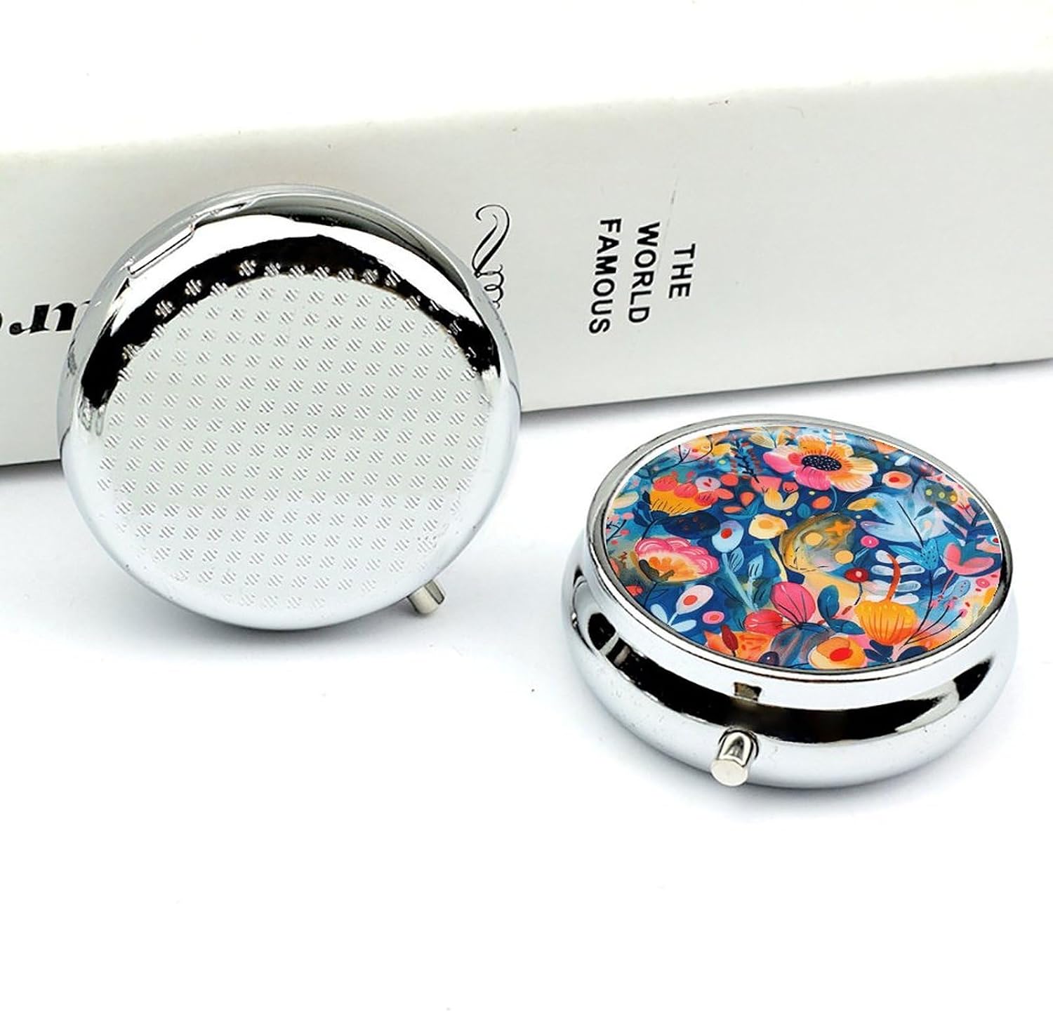 Pill Box 3 Compartment Popular Art Style Pill Case for Purse Portable Pill Container Metal Medicine Box Pillbox Dispenser Travel Vitamin Holder Weekly Pill Organizer image 4