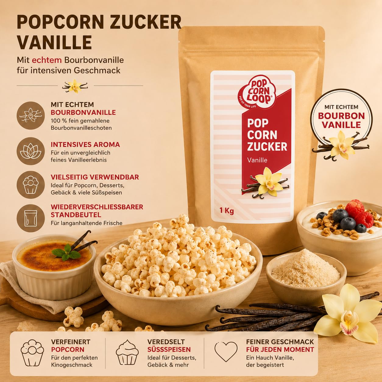 Popcornloop Sucre popcorn vanille 1000 g avec bourbon vanille sucre vanilline popcorn maïs épice pour affiner la cuisson dessert céréales yaourt 1.00 kg(Lot de 1)