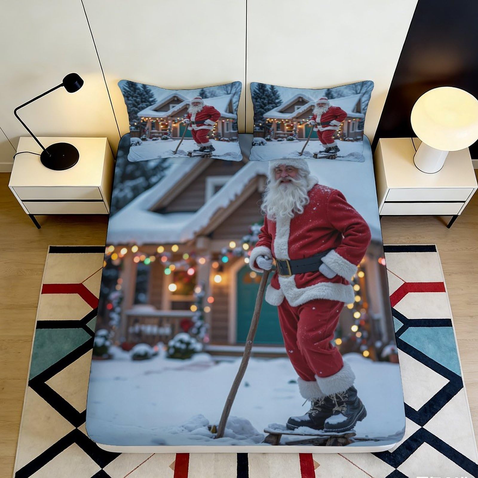 Pnayamiorkfel Style-1 3D Printed Christmas Santa Fitted Sheet Microfiber Festive House Bed Cover Non Slip Washable For Bedroom Guest Room 90X200x25cm