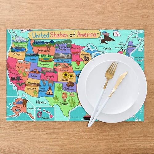 Miniatura 4 de Juego de 6 manteles individuales para mesa de comedor con diseño de mapa de América de dibujos animados (lavables)