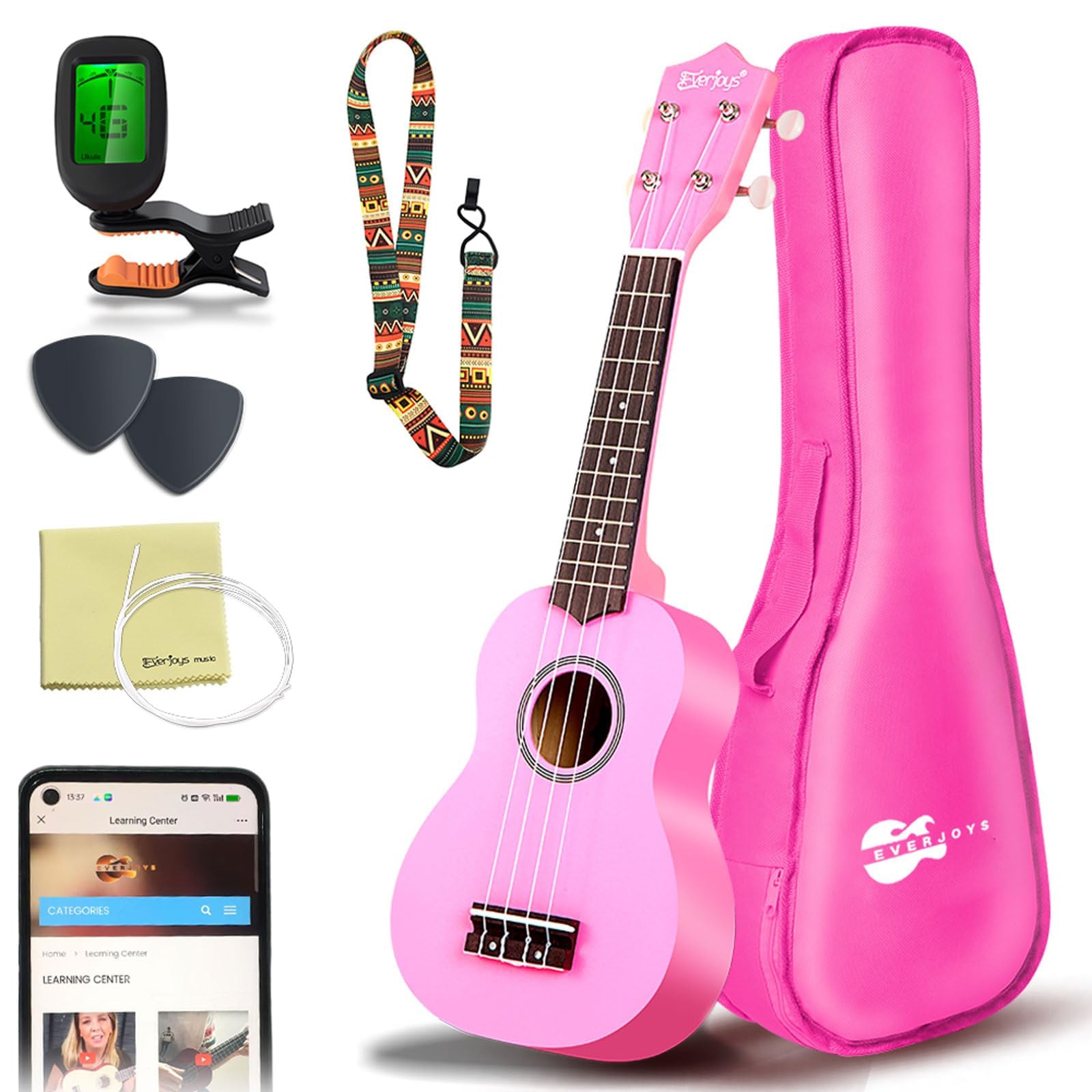 Everjoys Soprano Ukulele Beginner Kit 21 Inch w/Free Online Lesson Gig Bag Tuner Picks Strap, Fast to Learn (Pink)