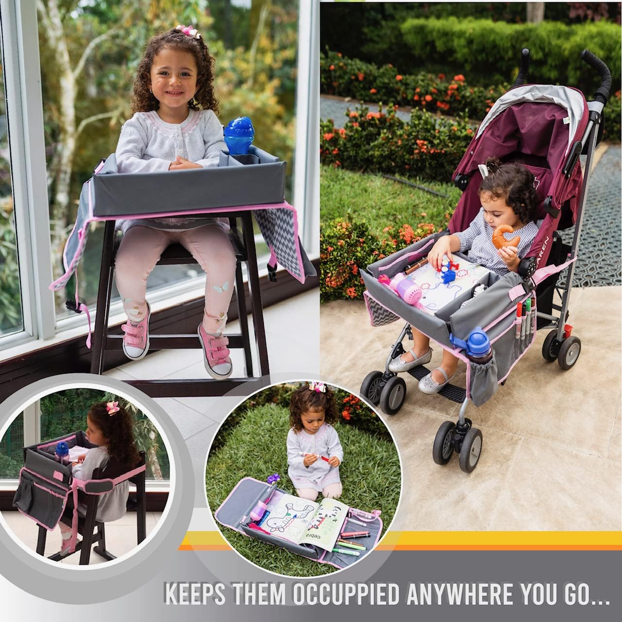 Kids Travel Tray - Car Seat Tray for Kids' Rides & Flights - Pink