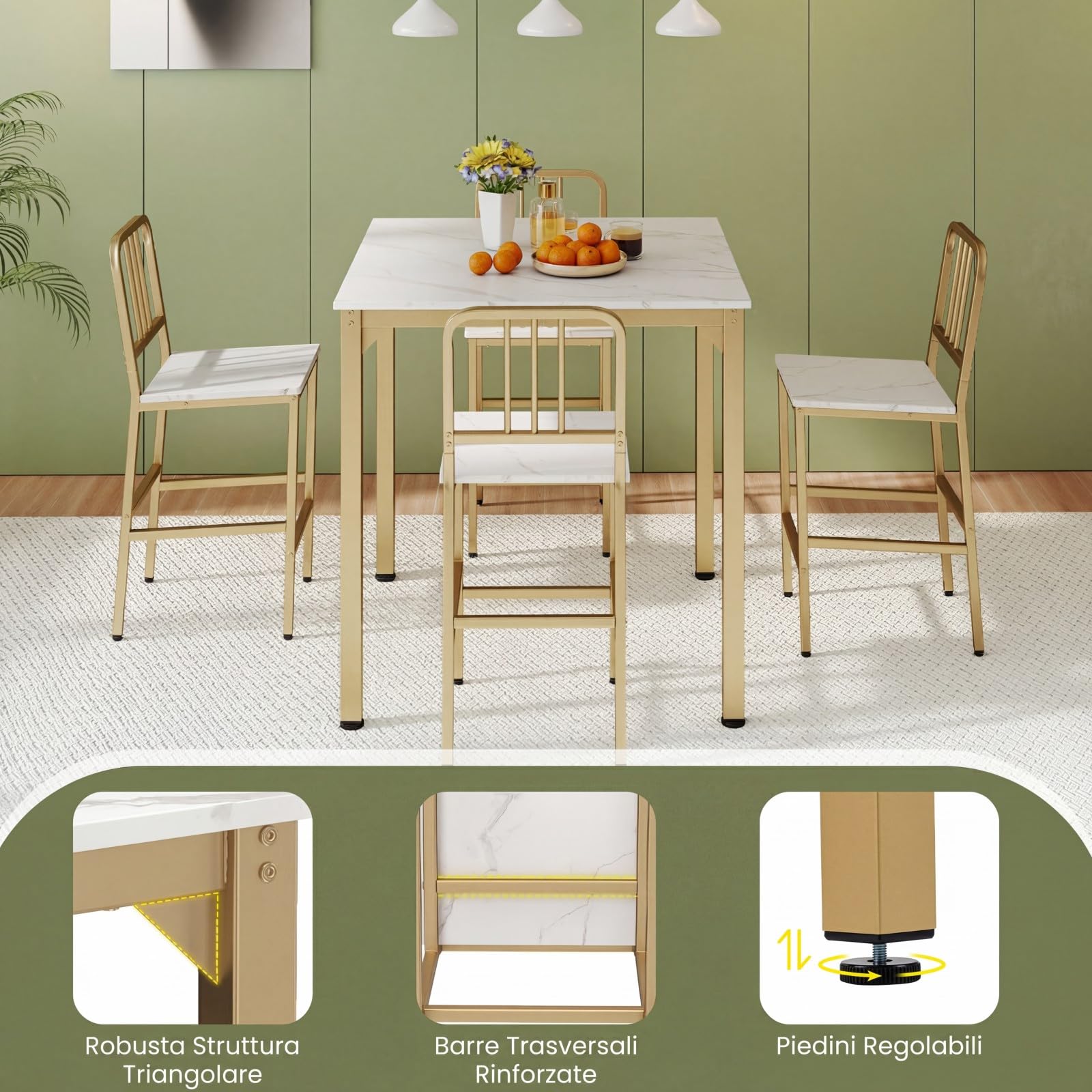 COSTWAY Set da Pranzo per 4 Persone, Set Cucina Bar 5 Pezzi con Superficie in Finto Marmo, Tavolo Quadrato in Legno e 4 Sgabelli Alti per Angolo Colazione e Sala da Pranzo (Bianco)